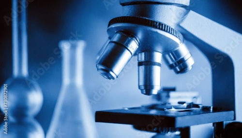 High-quality. microscope and laboratory glassware blurred laboratory background, concept of quality of medicine