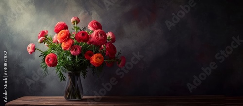 Dark backdrop with a wooden table holding a lovely bouquet of ranunculus flowers in a vase.