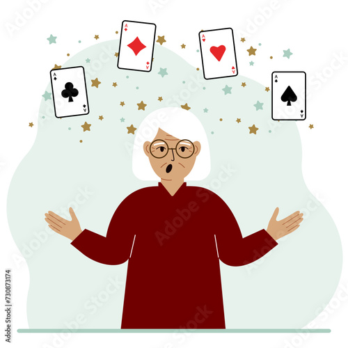 Woman holding playing cards cards. Playing combination of 4 aces or four of a kind.