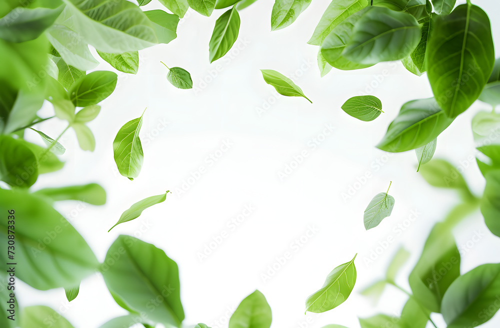 an image of several green leaves falling from the sky,  white background 