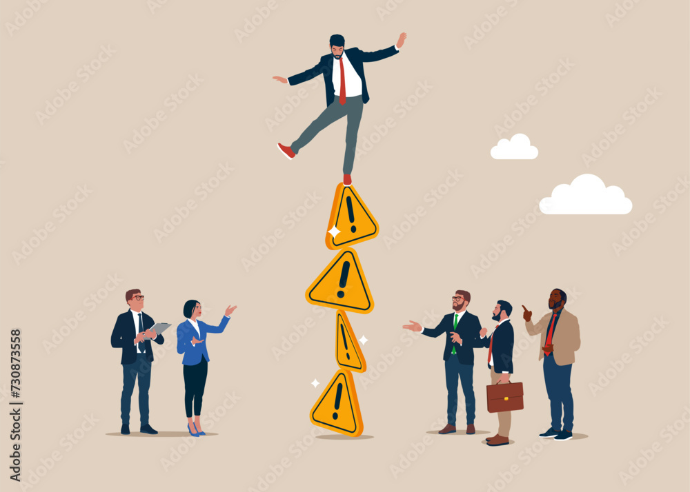Investor falling from stack of unstable exclamation point. Flat vector illustration