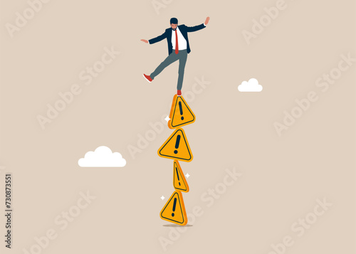 Businessman falling from stack of unstable exclamation attention sign. Unstable cooperation, risky situation. Flat vector illustration