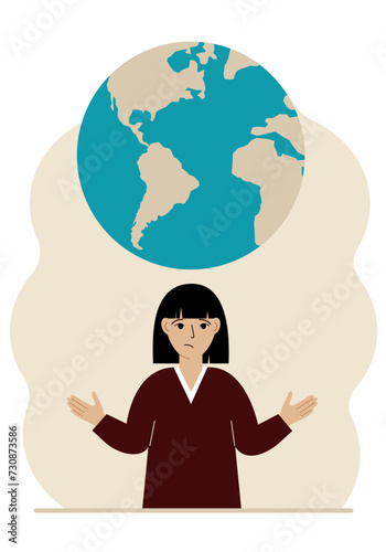 The woman spread his arms and the planet Earth is above his head. Earth day holiday concept, saving the planet, saving energy, global warming or climate change.