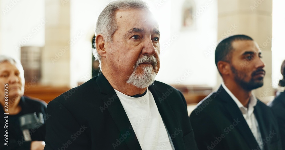 Obraz premium Sad, senior man and closeup at a funeral in church for religious service and mourning. Grief, elderly male person and burial with death, ceremony and grieving loss at a chapel event in formal suit