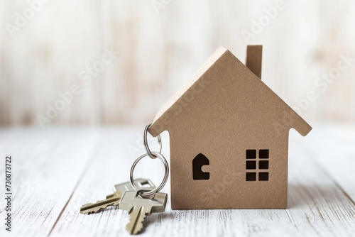 A model of a cardboard house on a table with a key