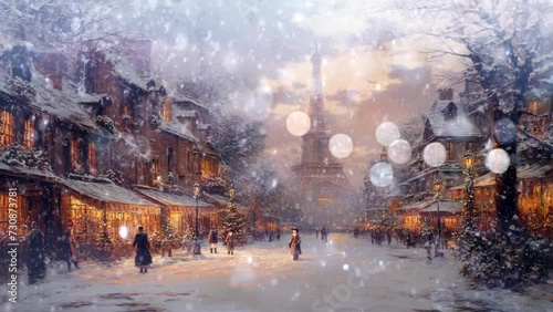 Winter landscape with snowfall, beautiful Paris when covered in snow Seamless looping time-lapse 4k animation video background Generated AI
 photo