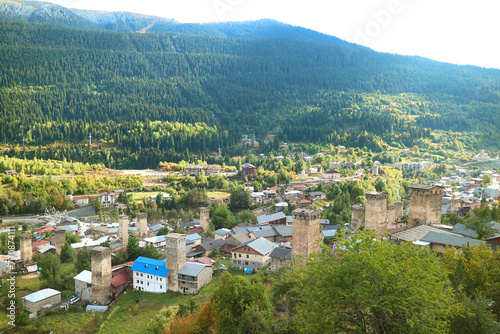 Panoramic Aerial View of Mestia Townlet with the Medieval Swan Tower-houses, Upper Svaneti of Georgia