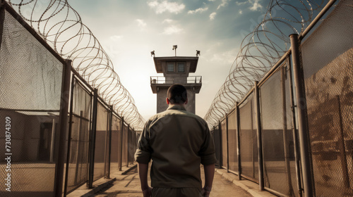 Checkpoint. A guard is watching at the prison gates photo