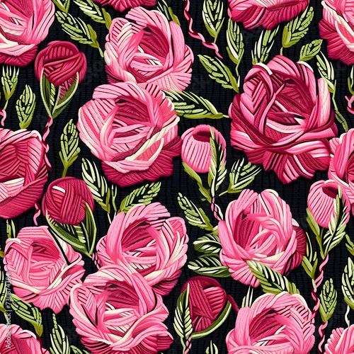  embroidery roses pink thick yarn knit background