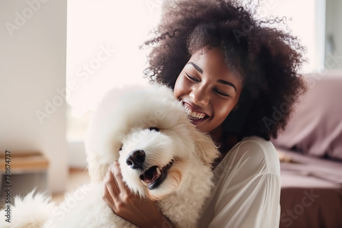 Smiling black woman with dog