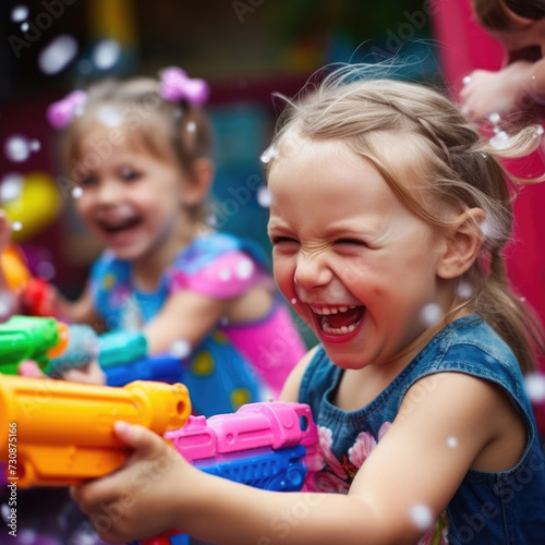 Children playing outdoors with water guns on a beautiful sunny day