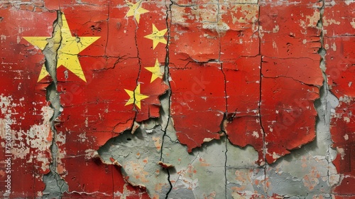 Cracked old plaster with Chinese flag, concept of collapse and discord. Generative AI