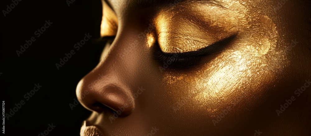 Golden makeup on black background enhances an African American woman's beauty. Golden makeup on black background enhances an African American woman's beauty.