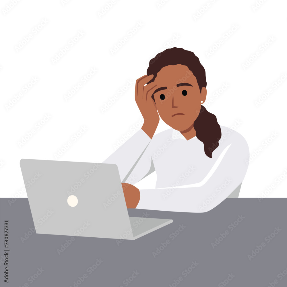 Tired office worker.Professional burnout syndrome.Sad, unhappy woman at workplace with paper document piles vector illustration. Deadline concept. Flat vector illustration isolated on white background Tired office worker.Professional burnout syndrome.Sad, unhappy woman at workplace with paper document piles vector illustration. Deadline concept. Flat vector illustration isolated on white background