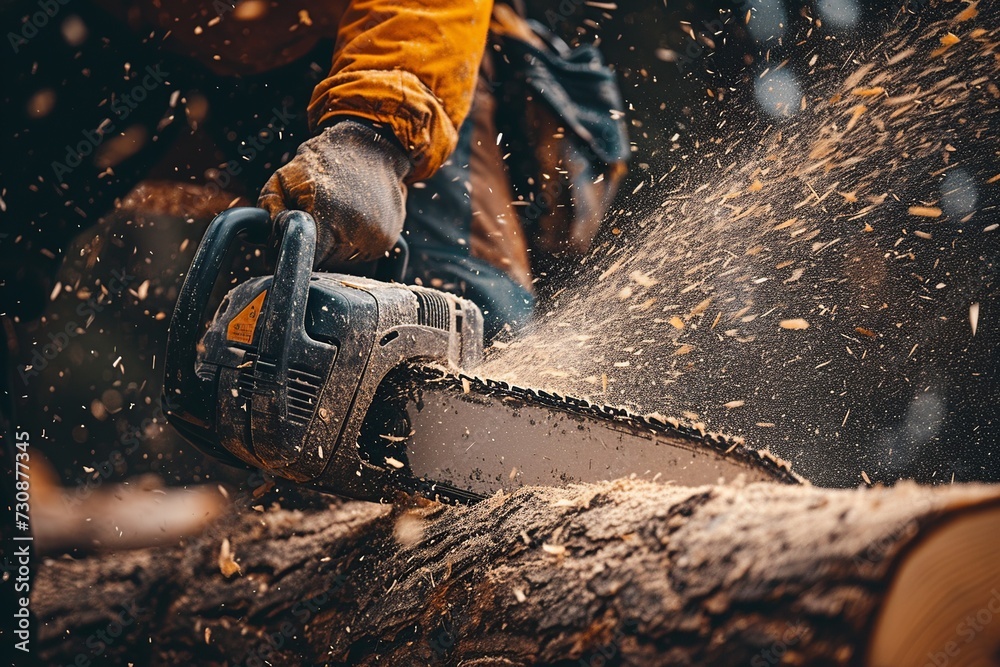 A construction worker demonstrates expertise in forestry, masterfully operating a portable gasoline chainsaw to fell trees efficiently and safely in a controlled environment