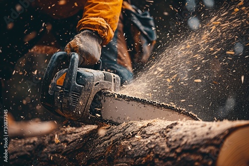 A construction worker demonstrates expertise in forestry, masterfully operating a portable gasoline chainsaw to fell trees efficiently and safely in a controlled environment photo