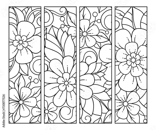 Printable bookmark for book - coloring. Set of black and white labels with flower patterns, hand draw in mehndi style. Sketch of ornaments for creativity of children and adults with colored pencils.