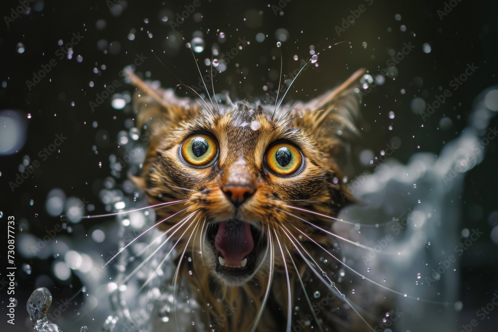 Close-up of a brown tabby cat drenched in water, wide-eyed and mouth open in shock against a dark background with water droplets suspended in the air. Bath time concept