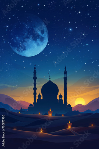 Islamic Mosque Silhouette against Starry Sky with Crescent Moon for Ramadan © ABDULRAHMAN