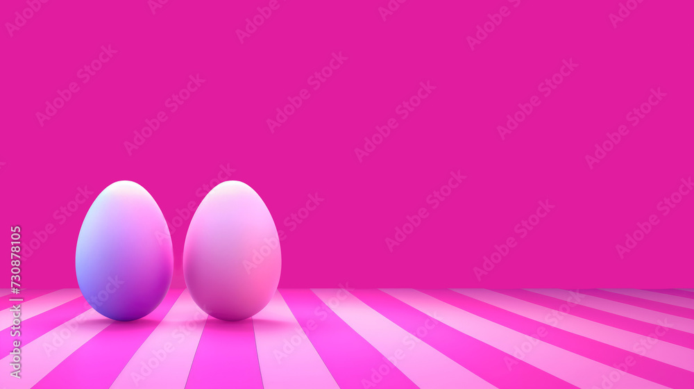Two Paschal eggs, intense pink background, copy space. Easter greeting card