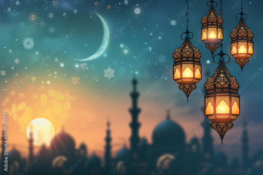 Ramadan Crescent Moon and Festive Lanterns over Mosque Silhouette