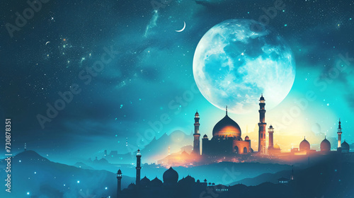 Ramadan Kareem banner with moonlit mosque skyline and celestial night sky