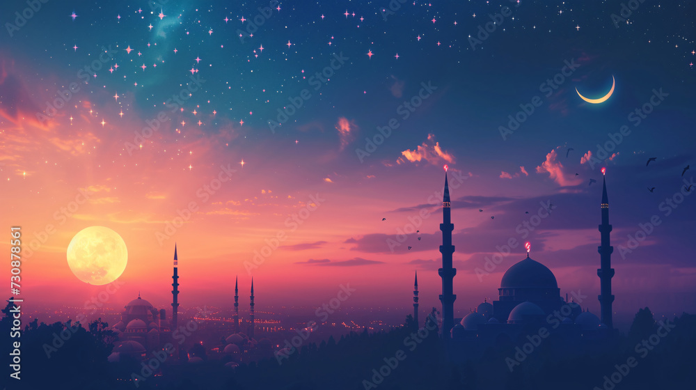 Islamic Architecture and Celestial Sky - Mosque and Moons in Twilight