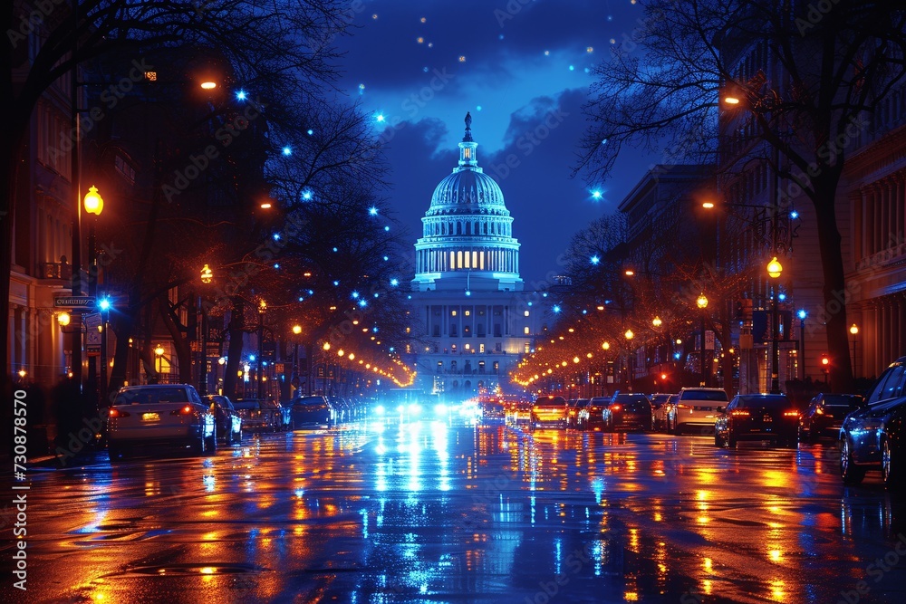 Illuminated Capitol at Night: A Glowing Spectacle for the Month of December Generative AI - obrazy, fototapety, plakaty 