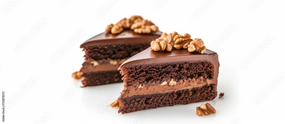The dessert consists of two slices of chocolate cake with walnuts on top, placed on a white background. The dessert consists of two slices of chocolate cake with walnuts on top, placed on a white background.