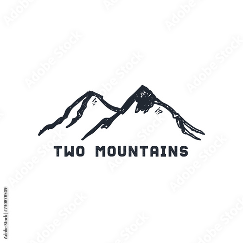 Two mountains hand drawn grunge textured vector illustration. Logo concept of mountains nature object.