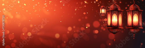Ramadan Red Lanterns and Stars on Festive Background