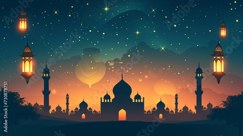 Ramadan Celebration Background with Mosque Silhouette and Lanterns