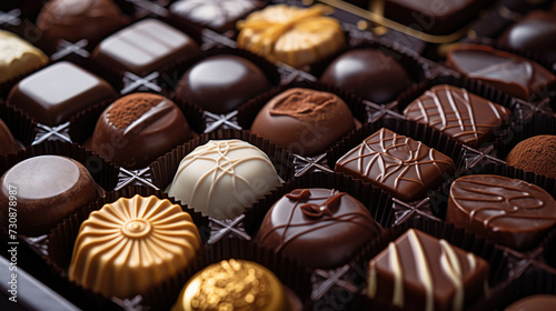 Variety of chocolates in beautiful packaging. Fancy and royal sweets.
