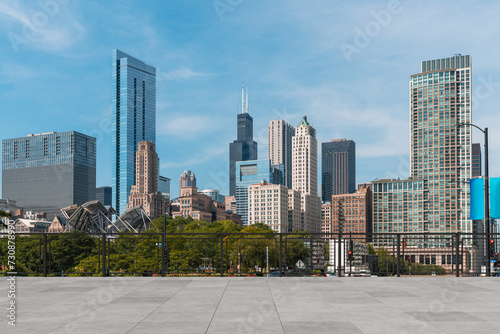 Skyscrapers Cityscape Downtown, Chicago Skyline Buildings. Beautiful Real Estate. Day time. Empty rooftop View. Success concept.