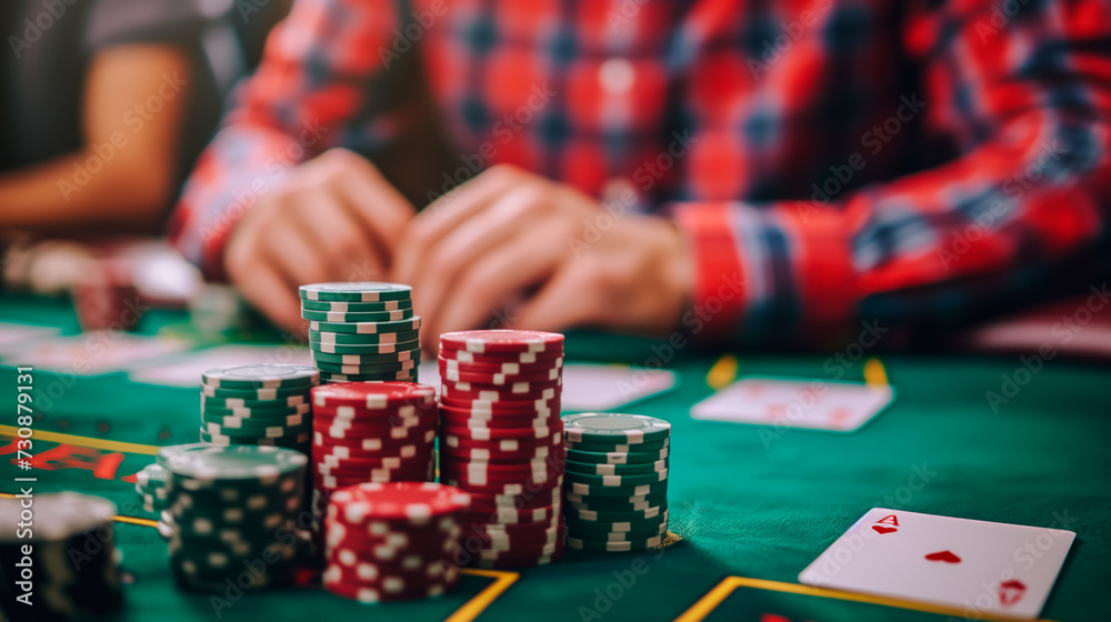 Poker chips and a card with a man in the background sitting at the casino table. Concept of gambling, betting and addiction to gaming. Shallow field of view. Poker chips and a card with a man in the background sitting at the casino table. Concept of gambling, betting and addiction to gaming. Shallow field of view.
