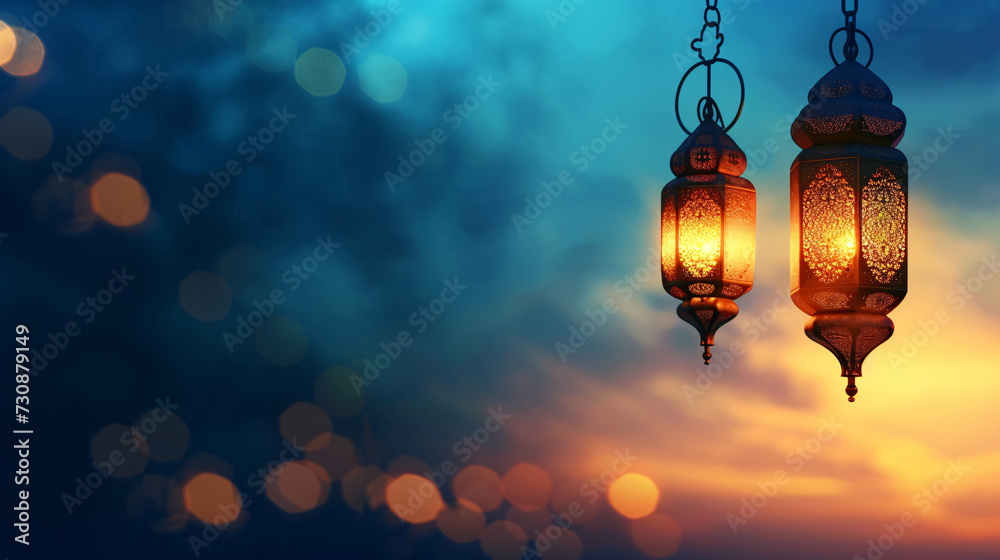 Traditional Arabesque Lanterns Glowing at Dusk for Ramadan Traditional Arabesque Lanterns Glowing at Dusk for Ramadan
