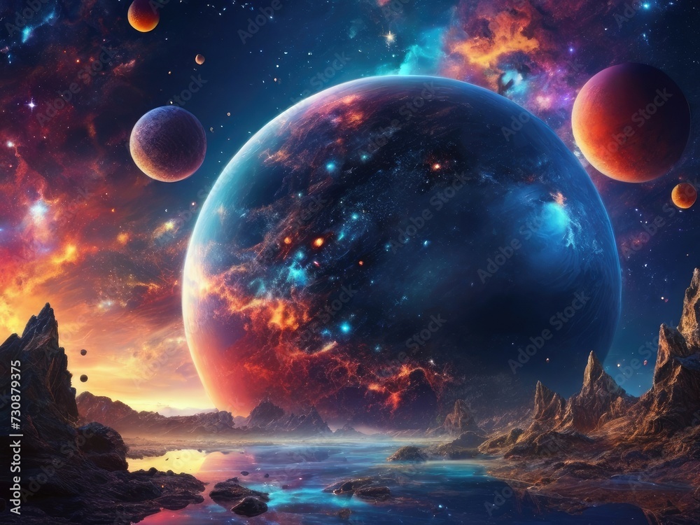 Fantasy Cosmos: Rocky Landscape Below as Planets Paint the Sky Fantasy Cosmos: Rocky Landscape Below as Planets Paint the Sky