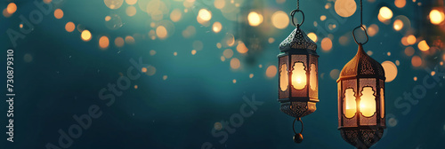 Ramadan-themed Arabesque Lanterns with Bokeh Background