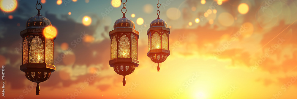 Ramadan lanterns hanging with sunset sky and copyspace Ramadan lanterns hanging with sunset sky and copyspace