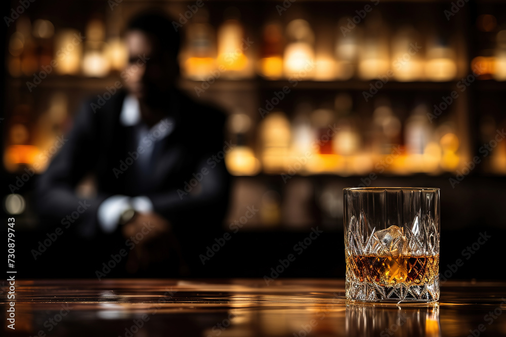 Image of bar, Whiskey and Man with blurred background, with empty copy space