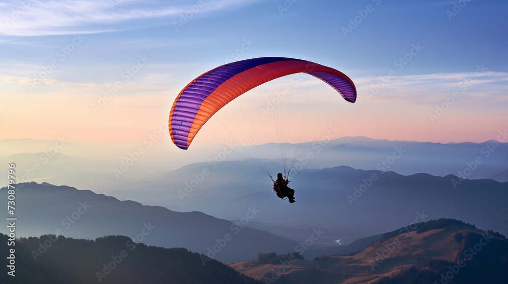 A paraglider with a purple wing gracefully descends over a scenic landscape, veering off the common flight paths A paraglider with a purple wing gracefully descends over a scenic landscape, veering off the common flight paths