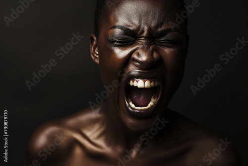 Angry black woman shouting with open mouth, nude skin