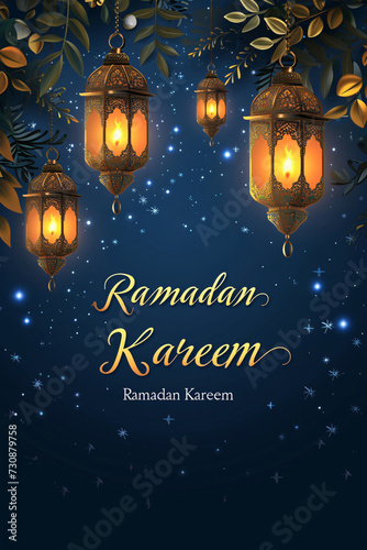 Ramadan Kareem greeting banner with hanging lanterns and foliage under starry sky