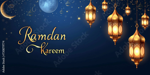 Ramadan Kareem wide banner with lanterns, crescent moon, and stars