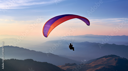 A paraglider with a purple wing gracefully descends over a scenic landscape, veering off the common flight paths