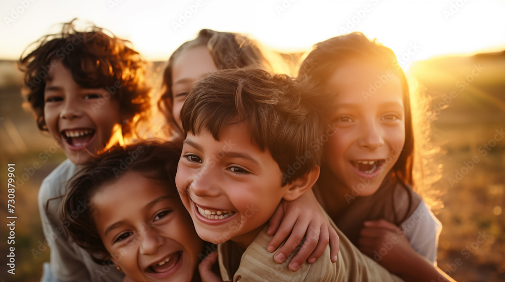 A group of children laughing under a gentle golden sunset, with natural light casting a warm glow on their faces A group of children laughing under a gentle golden sunset, with natural light casting a warm glow on their faces