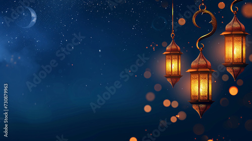 Ramadan lanterns suspended under a crescent moon in a starry night sky