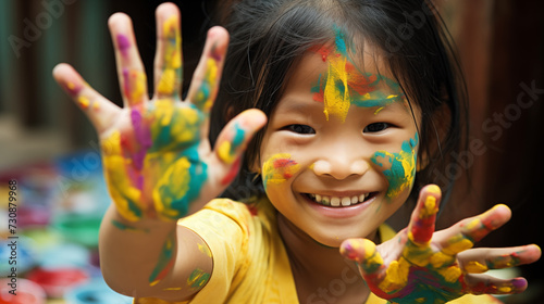 Thai child with a vibrant paint-splattered hand  freckles and a smile hinting at her artistic enthusiasm