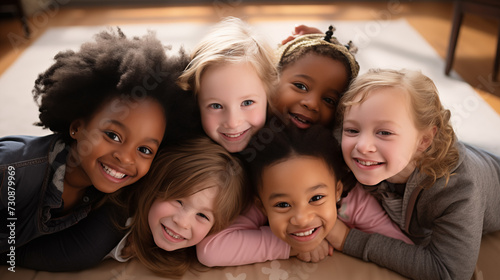 A group of diverse children in a warm embrace, laughing in a sunlit room, conveying friendship and happiness