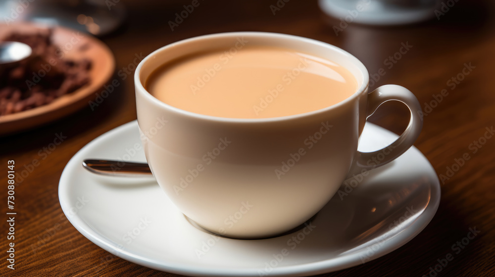 Close-up of traditional milk tea in a bright ceramic cup